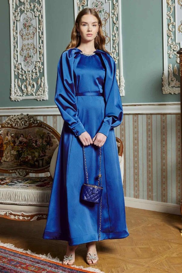 Midnight Blue Dress with Stone Embroidered Collar - Lebbse