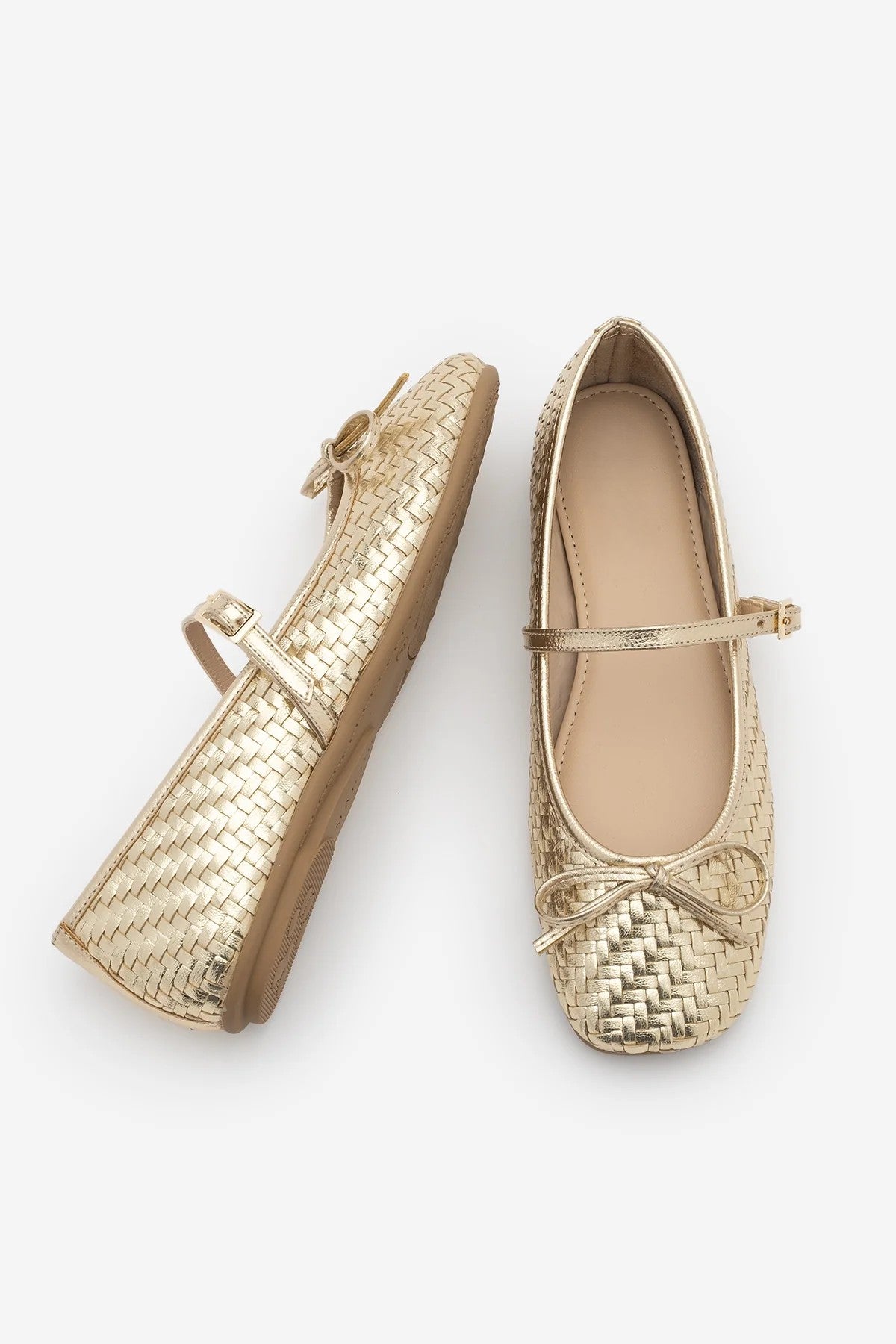 TEYRA Gold Mary Jane Bow Detail Woven Pattern Square Toe Women’s Ballet Flats