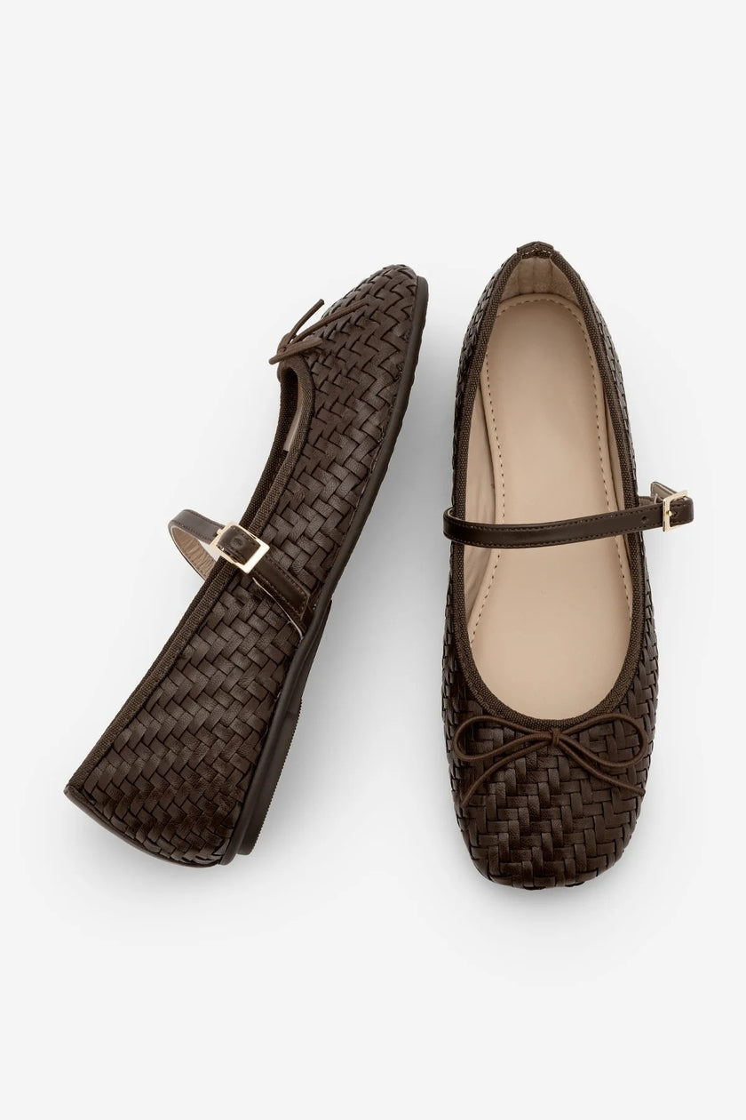 TEYRA Coffee Mary Jane Bow Detail Woven Pattern Square Toe Women’s Ballet Flats