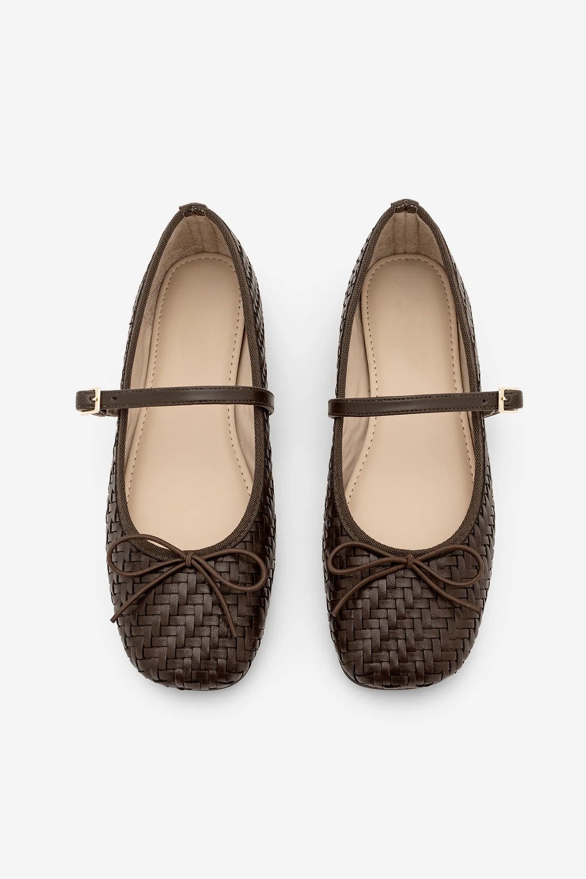 TEYRA Coffee Mary Jane Bow Detail Woven Pattern Square Toe Women’s Ballet Flats