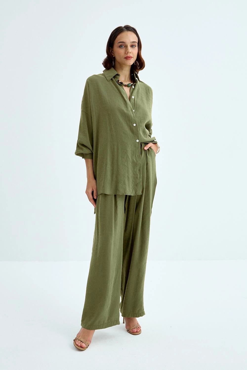 Modal Shirt Pants Dark Green Women's Suit - Lebbse