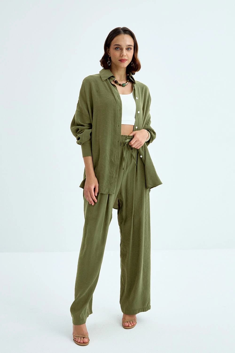 Modal Shirt Pants Dark Green Women's Suit - Lebbse