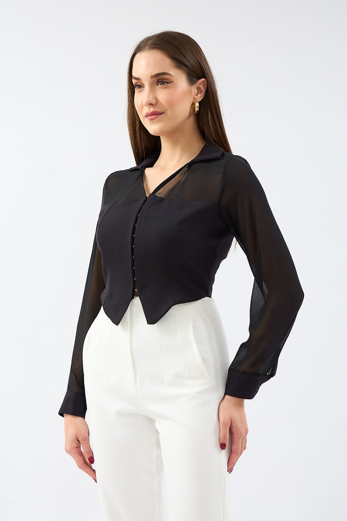Multi Chiffon Crepe Shirt Black - Lebbse