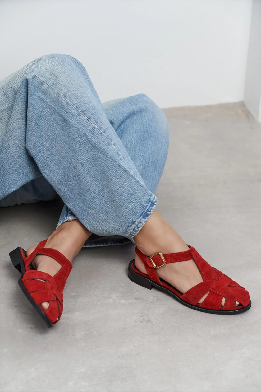 CERES Red Genuine Suede Leather Buckle Detail Low Heel Women’s Sandals
