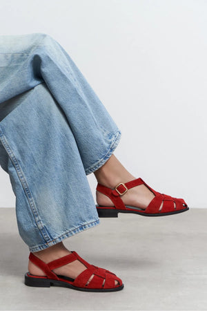 CERES Red Genuine Suede Leather Buckle Detail Low Heel Women’s Sandals