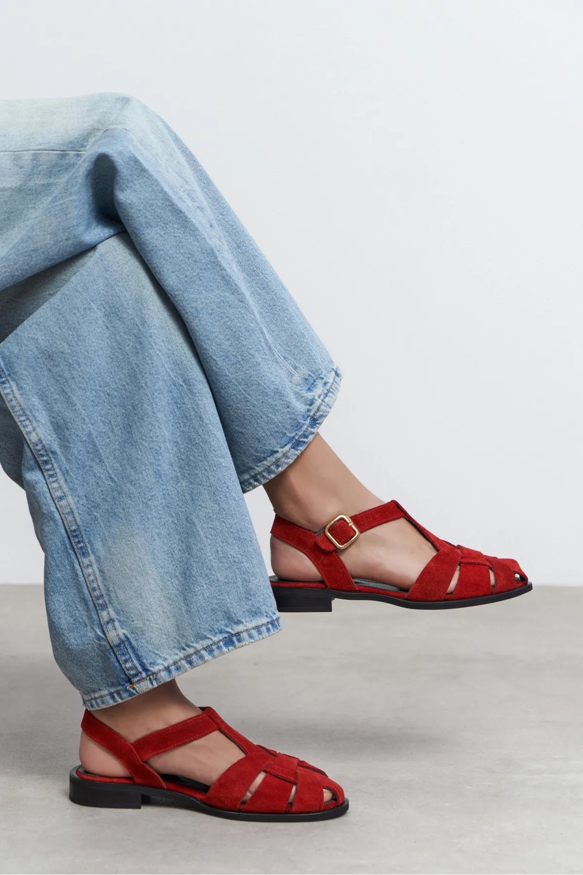 CERES Red Genuine Suede Leather Buckle Detail Low Heel Women’s Sandals