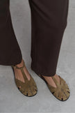 WOOD Rome Beige Suede Leather Embroidered Flat Sole Women’s Sandals