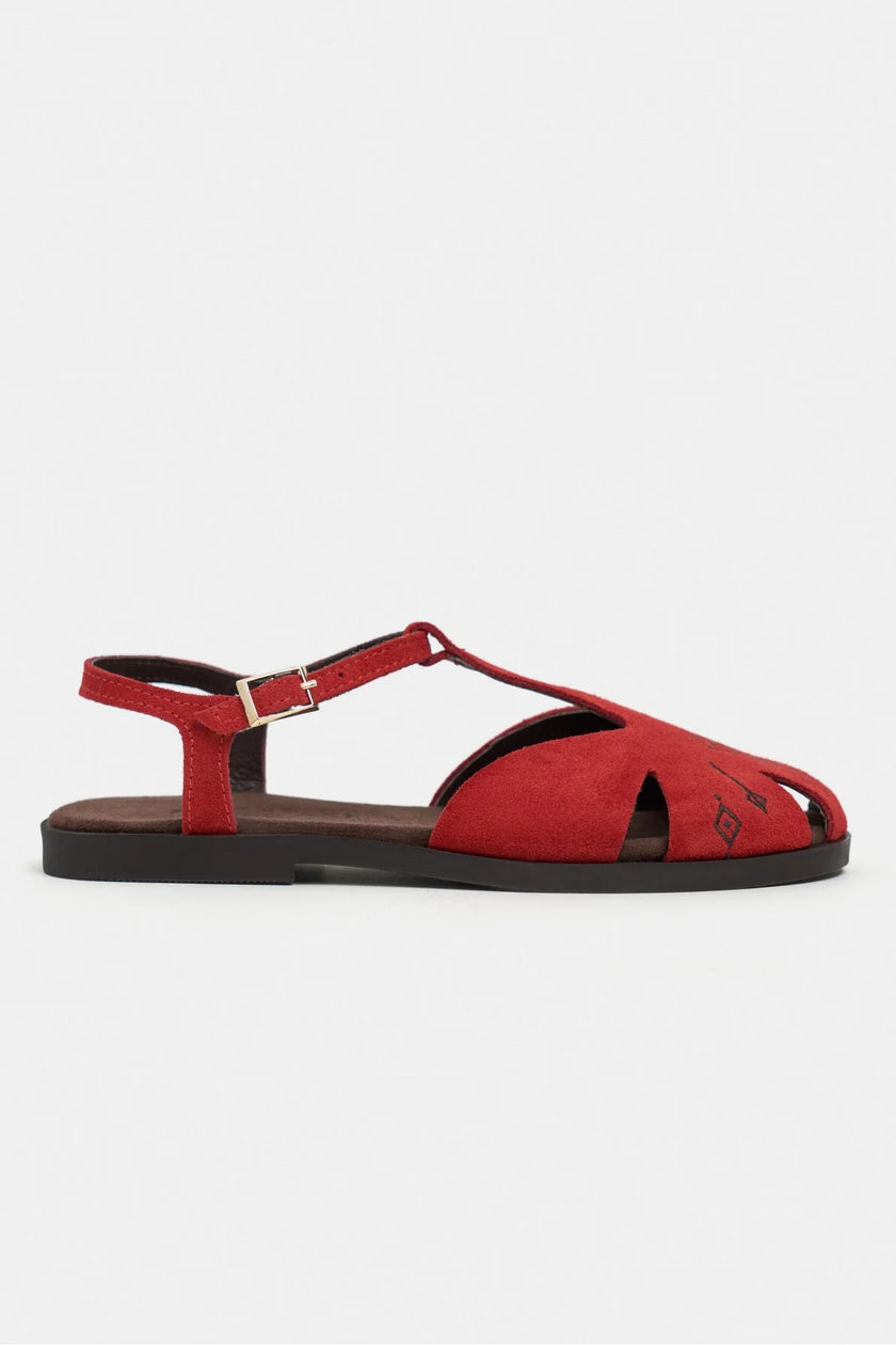 WOOD Red Suede Leather Embroidered Flat Sole Women’s Sandals