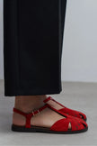 WOOD Red Suede Leather Embroidered Flat Sole Women’s Sandals
