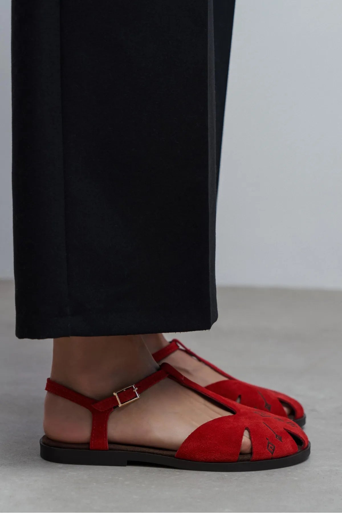 WOOD Red Suede Leather Embroidered Flat Sole Women’s Sandals