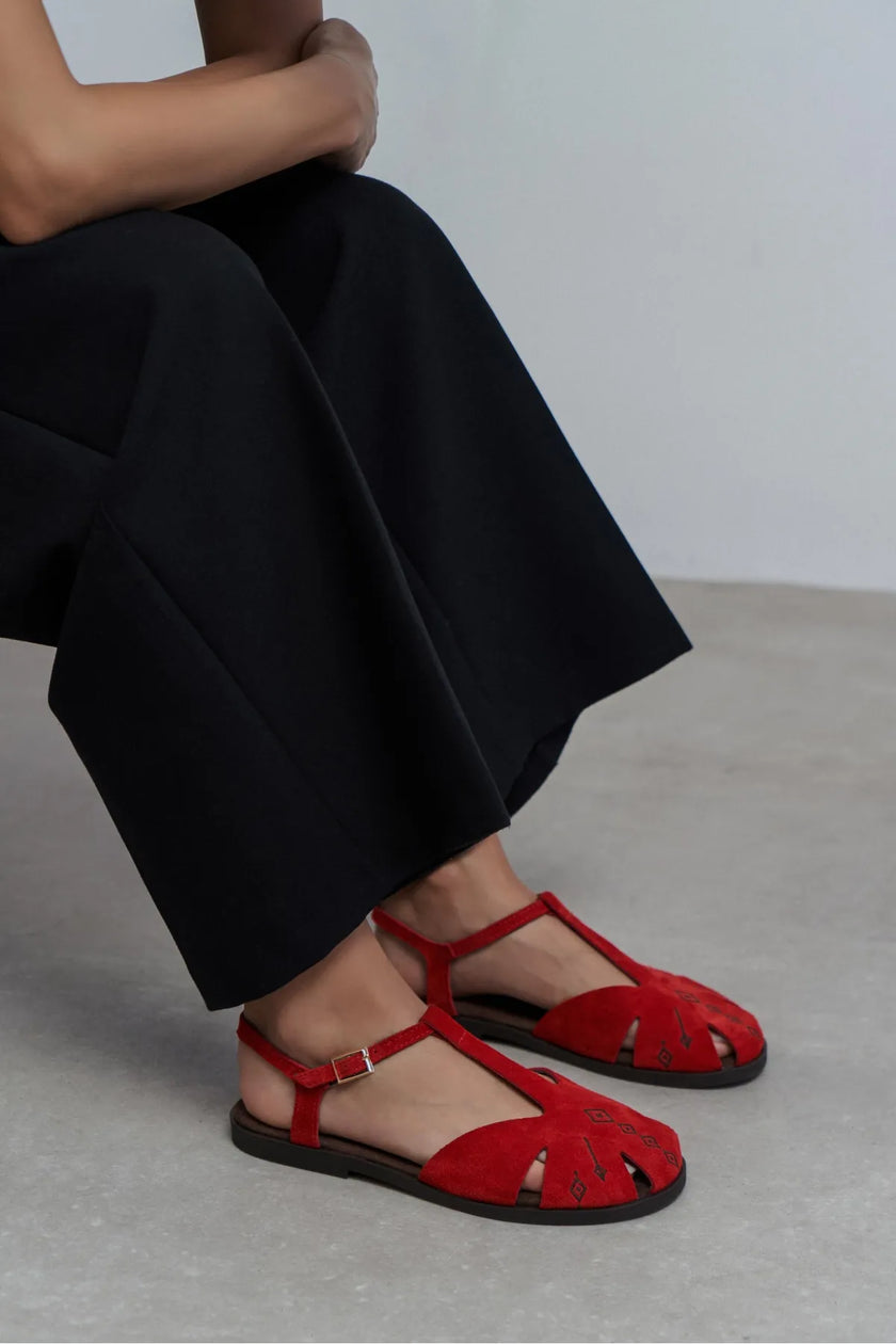 WOOD Red Suede Leather Embroidered Flat Sole Women’s Sandals