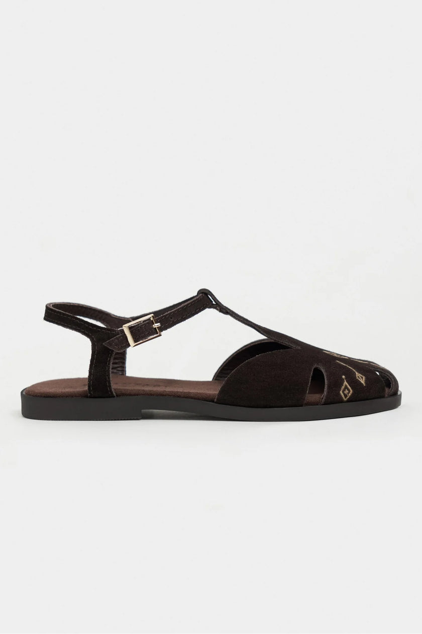 WOOD Bitter Brown Suede Leather Embroidered Flat Sole Women’s Sandals