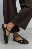 WOOD Bitter Brown Suede Leather Embroidered Flat Sole Women’s Sandals