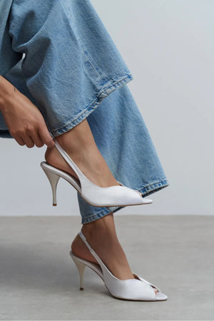 ROXY White Satin Ankle Tie Open Toe Women’s Heels