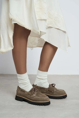 DELMAR DARK BEIGE  LACE-UP DETAIL THICK SOLE WOMEN'S LOAFER