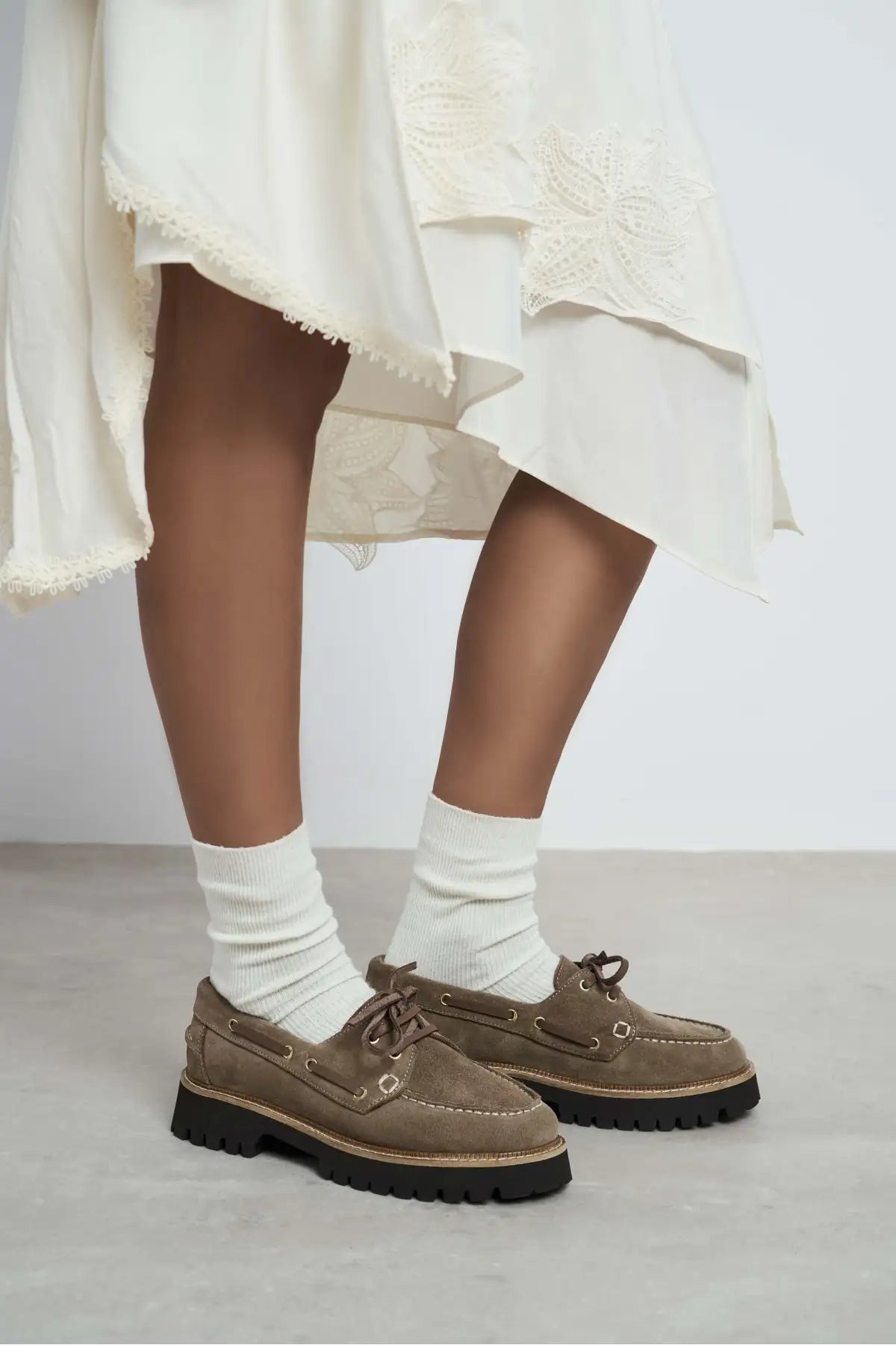 DELMAR DARK BEIGE  LACE-UP DETAIL THICK SOLE WOMEN'S LOAFER