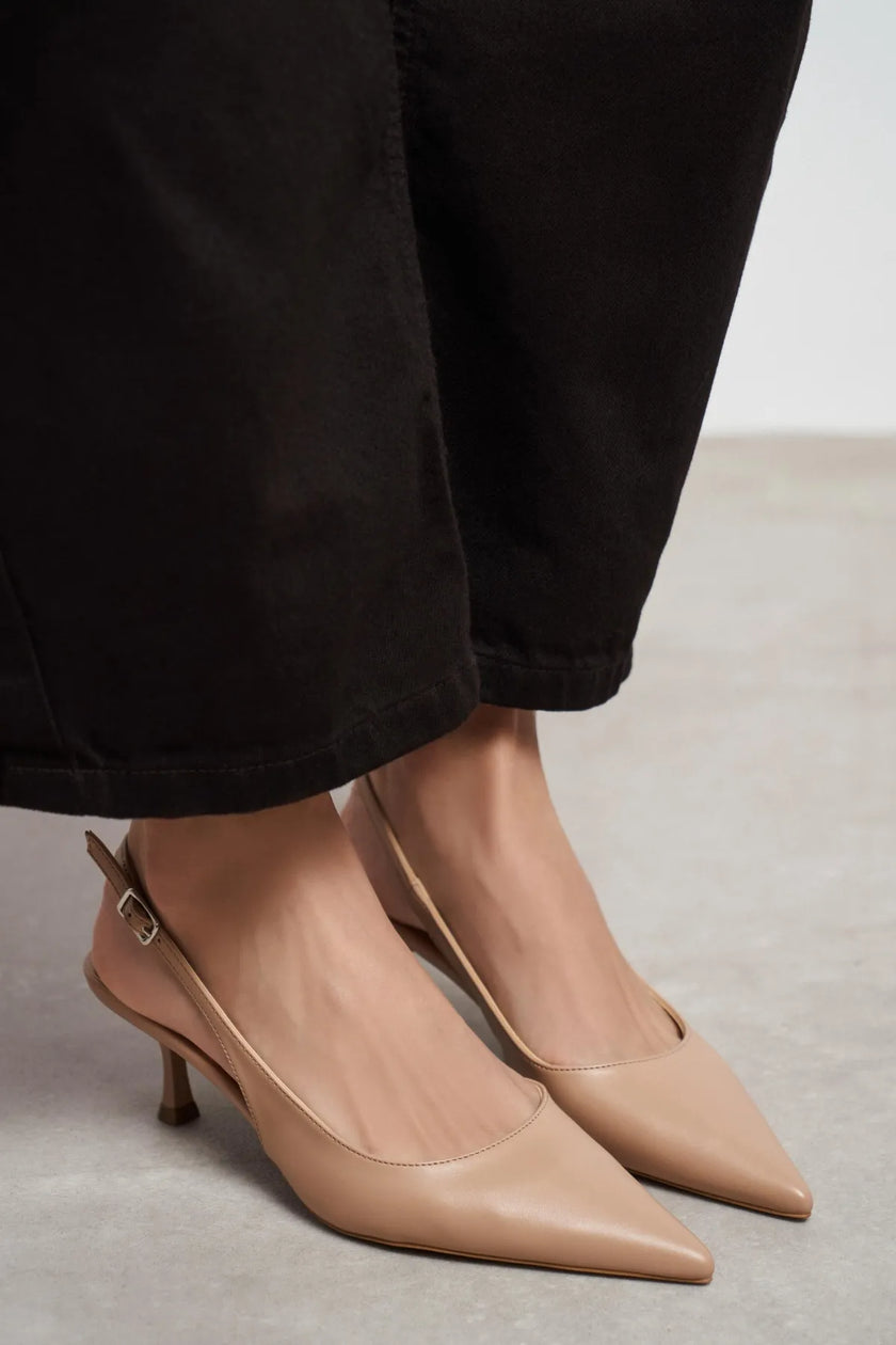 MEGY Nude Matte Pointed Toe Slingback Buckle Detail Women’s Heels