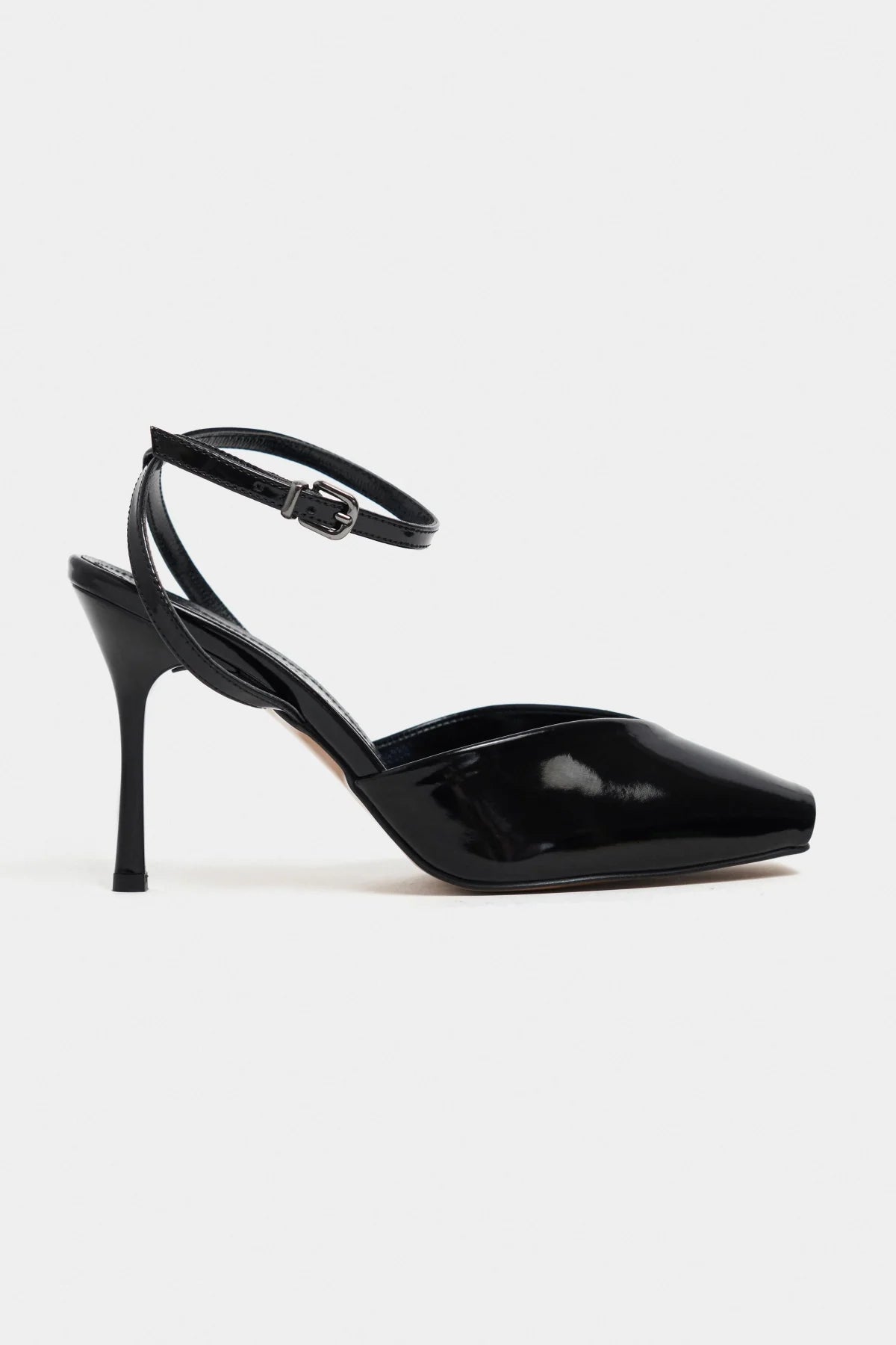 KAHLA Black Patent Leather Ankle Strap Open Toe Women’s Heel Shoes