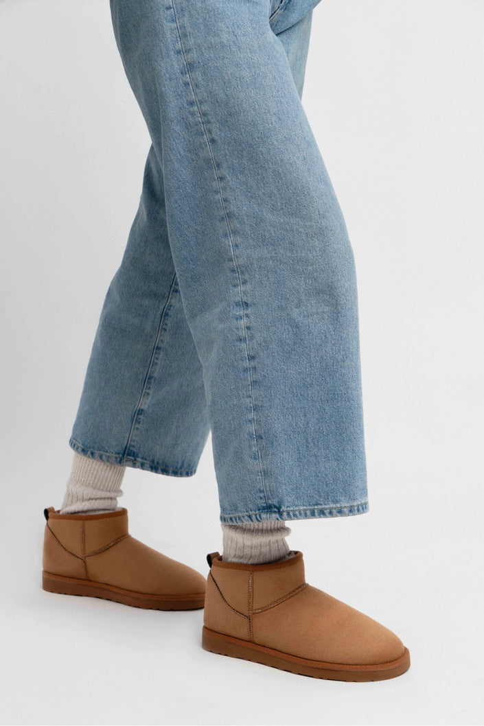 MINI TAB SUEDE ANKLE BOOTS WITH FUR INSIDE, FLAT SOLE, WOMEN'S SHOES