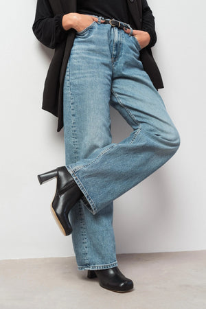 JUNO BLACK MATTE ZIPPERED THICK-HEELED CUFF-TOE WOMEN'S BOOTS