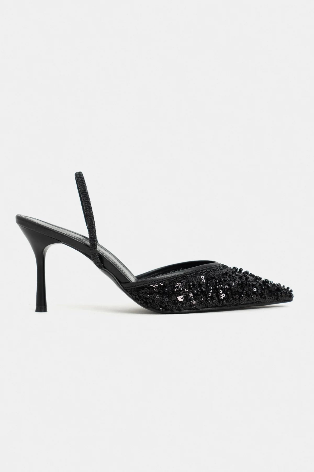 SARA Black Mesh Beaded Detail Pointed Toe Women’s Heel Shoes