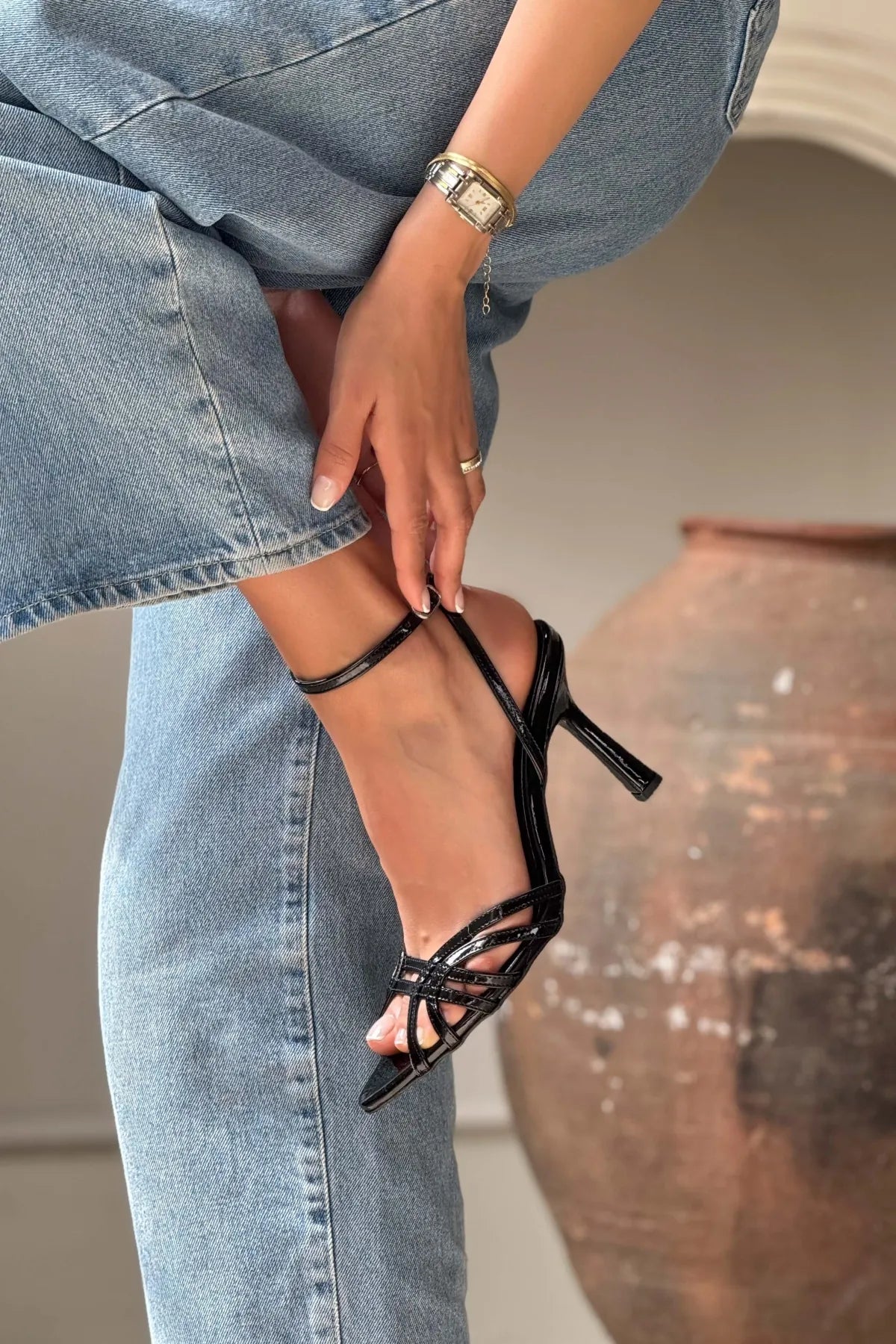 MERY Black Patent Leather Ankle-Strap Women’s Heel Sandals