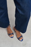 AVA NAVY BLUE SATIN CROSS-STRAP ANKLE TIE WOMEN’S HIGH HEELS