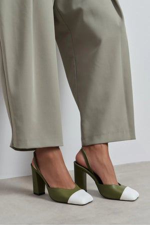SOLEA KHAKI &  WHITE TOE DETAIL BLOCK HEEL WOMEN’S SHOES