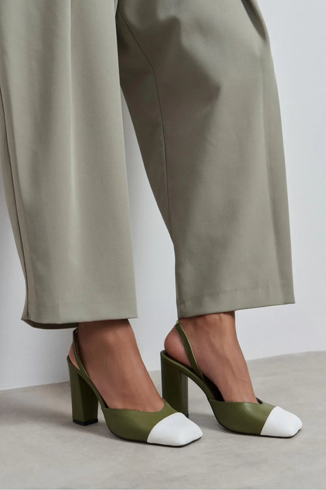 SOLEA KHAKI &  WHITE TOE DETAIL BLOCK HEEL WOMEN’S SHOES