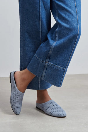 PALYA BLUE SUEDE STUDDED GENUINE LEATHER WOMEN’S FLAT SLIPPERS