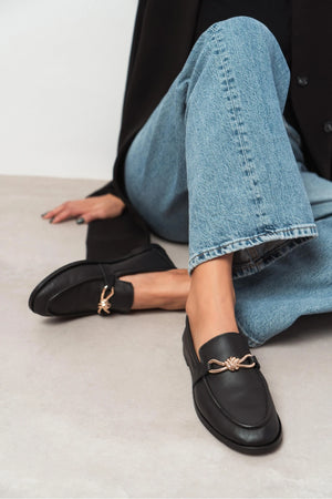 ABEL BLACK MATTBUCKLE DETAIL FLAT SOLE WOMEN'S LOAFER SHOES