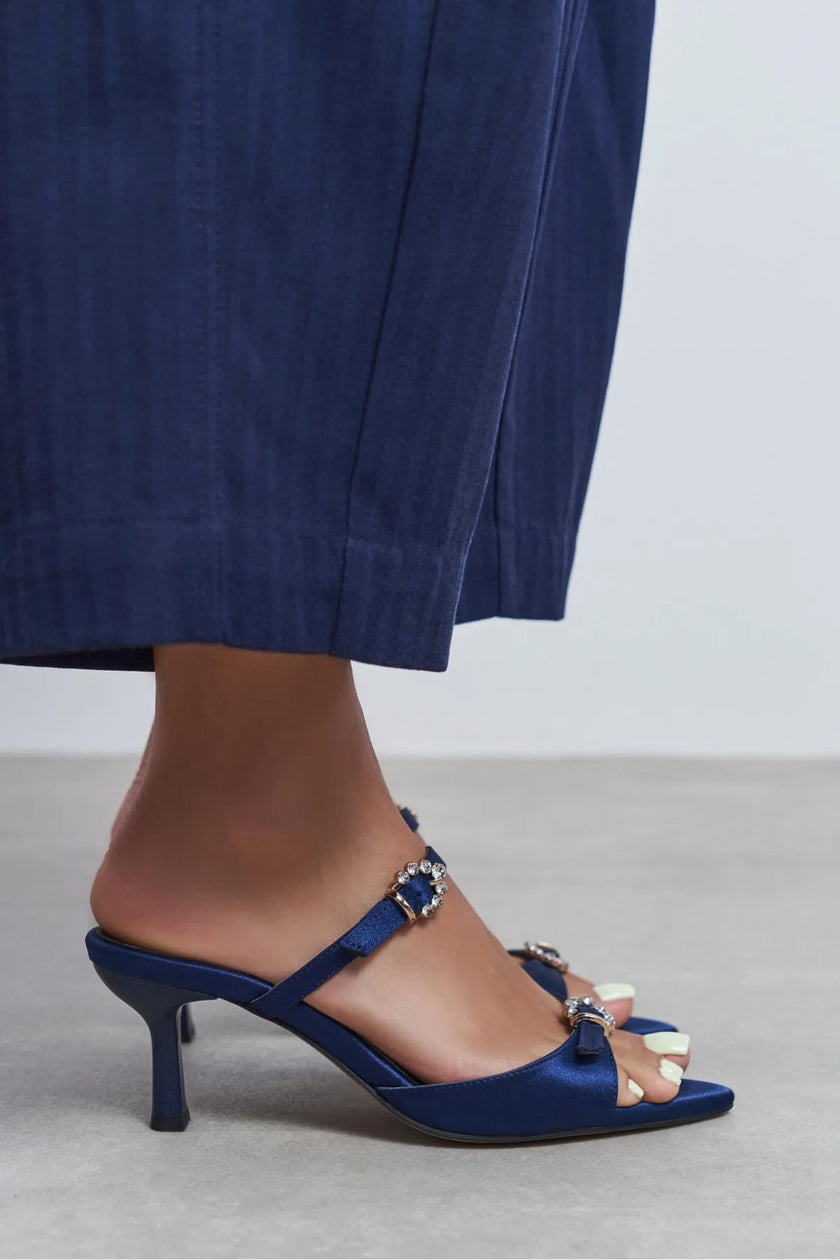 CALISTA Navy Satin Buckle-Detail Pointed-Toe Women's Mule Heels