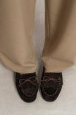 FERRE Bitter Brown Suede Genuine Leather Lace-Up Detail Women’s Loafers