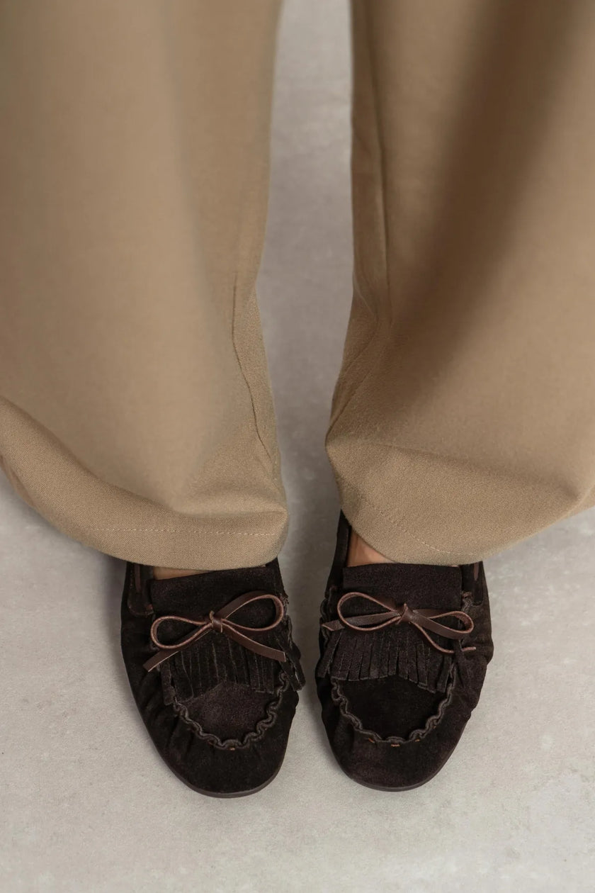 FERRE Bitter Brown Suede Genuine Leather Lace-Up Detail Women’s Loafers