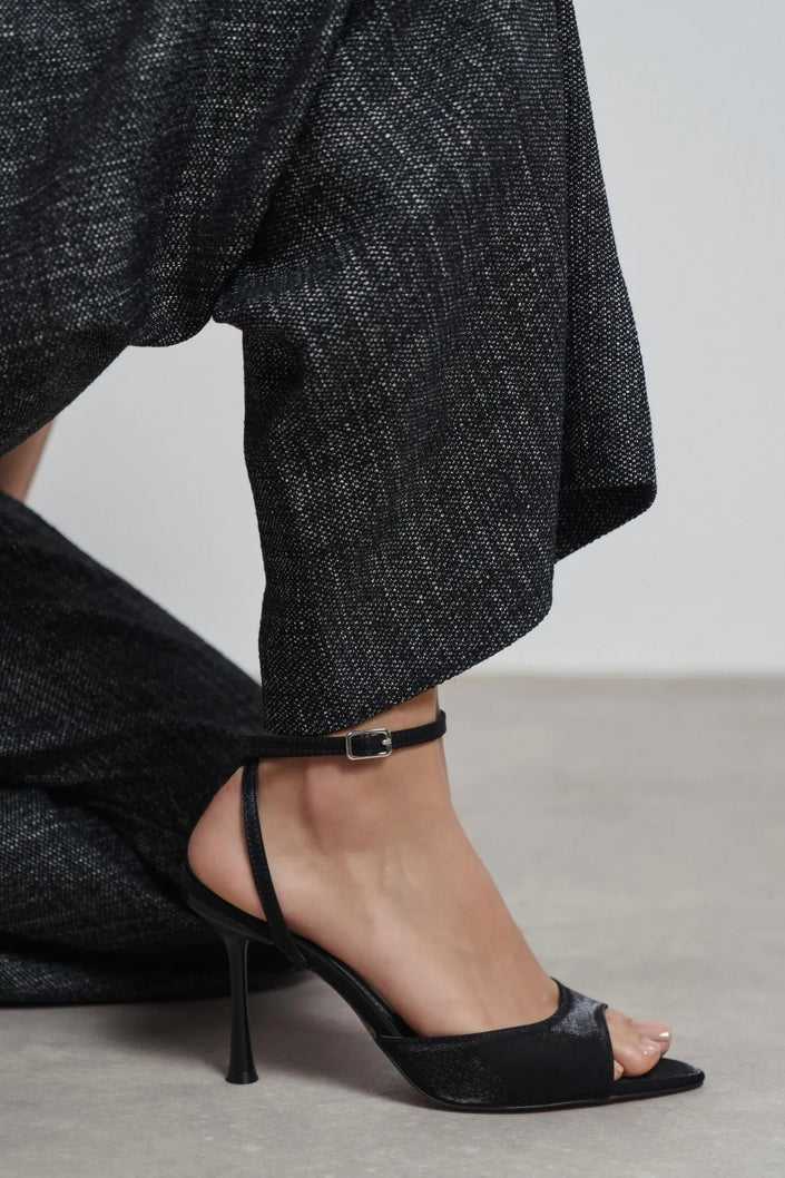 TANIA Black Satin Ankle-Strap Stiletto Heels