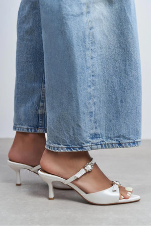 CALISTA Pearl Satin Buckle Detail Pointed-Toe Women's Mule Heels
