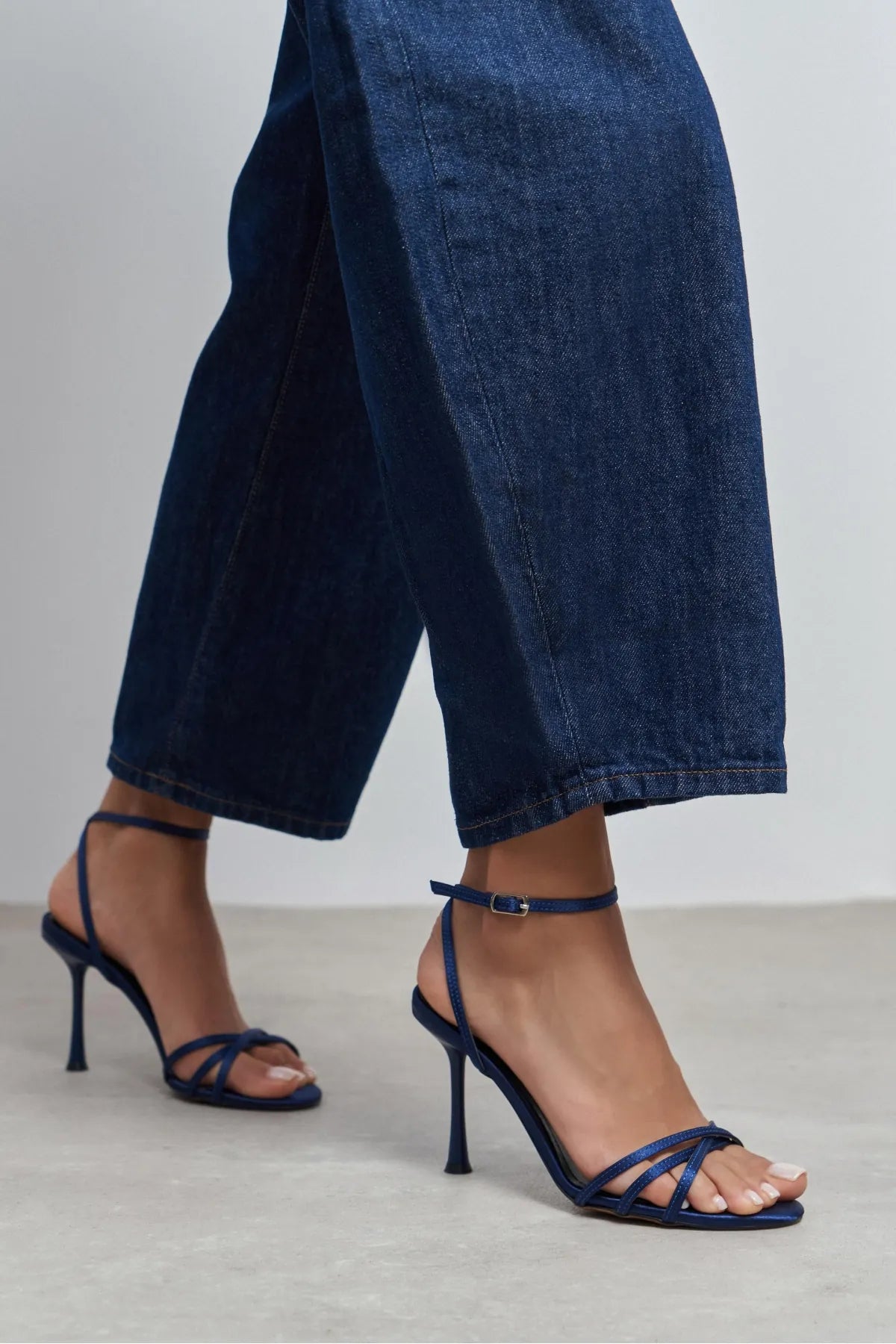 AVA NAVY BLUE SATIN CROSS-STRAP ANKLE TIE WOMEN’S HIGH HEELS