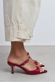 CALISTA Burgundy Satin Buckle Detail Pointed-Toe Women's Mule Heels