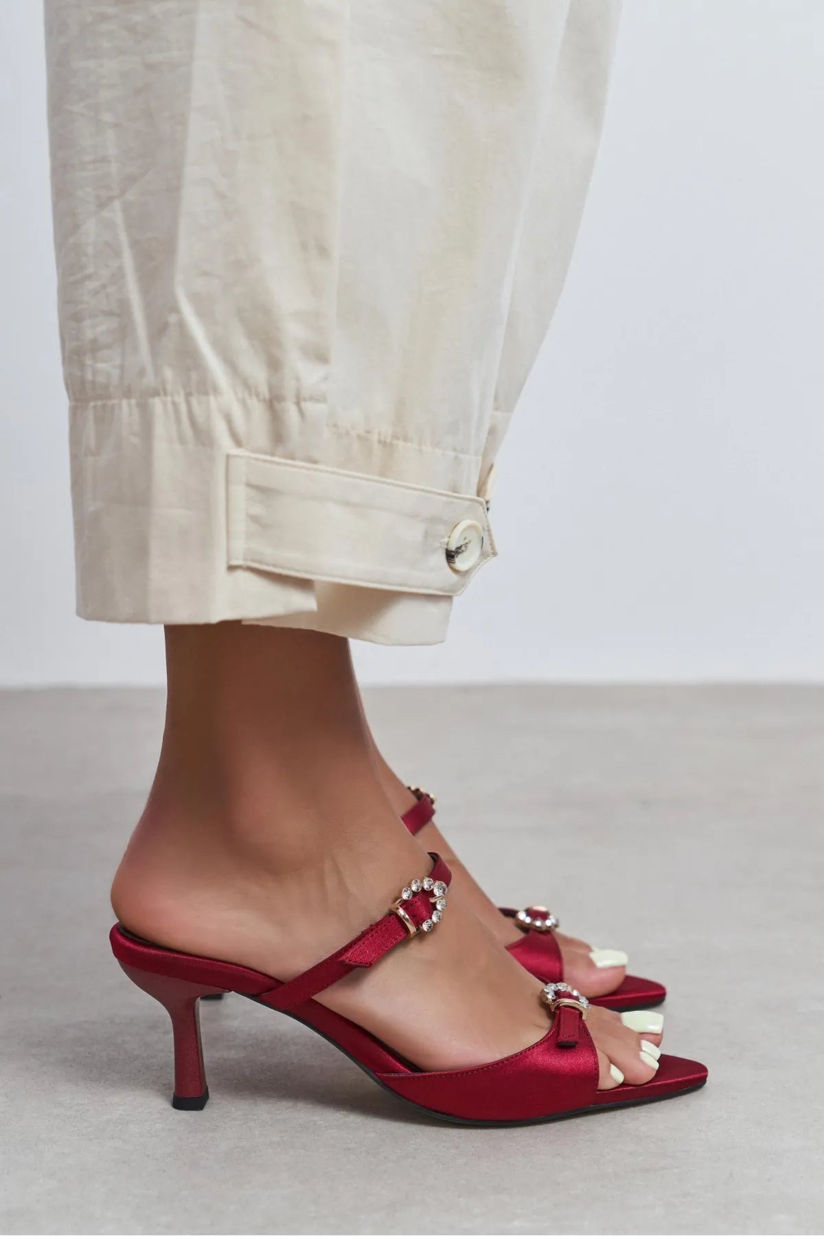 CALISTA Burgundy Satin Buckle Detail Pointed-Toe Women's Mule Heels