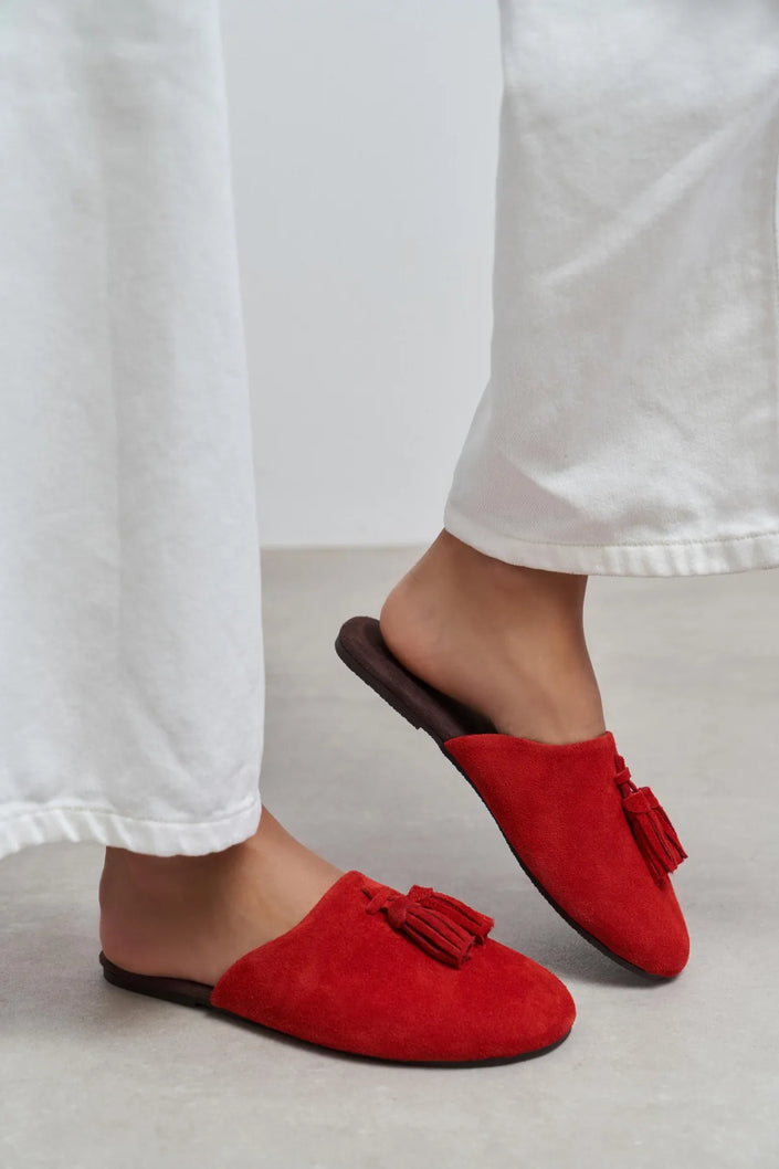 NELLA RED GENUINE SUEDE LEATHER TASSEL DETAIL WOMEN’S FLAT SLIPPERS