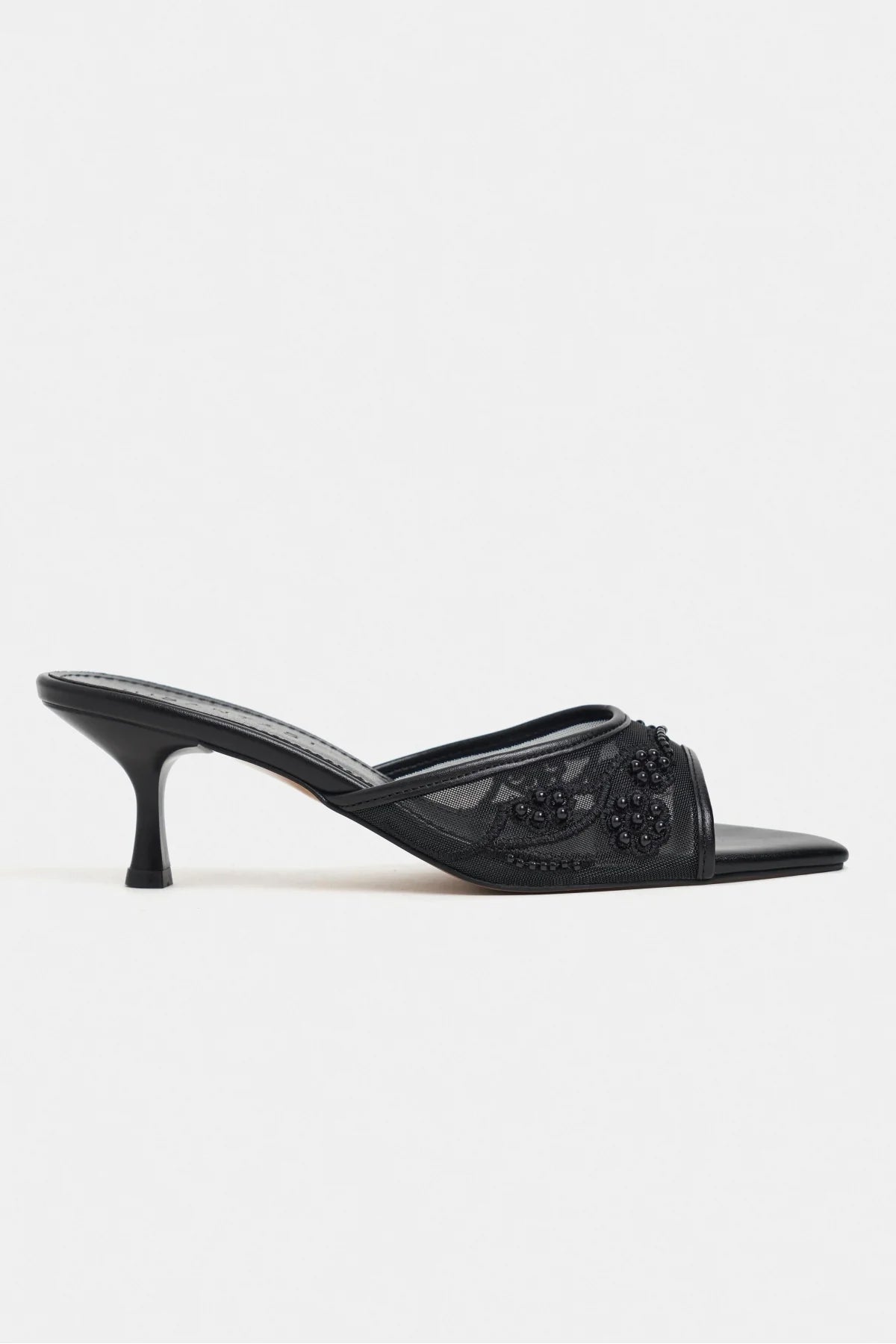 Anka Black Beaded Mesh Pointed-Toe Women's Heeled Slippers
