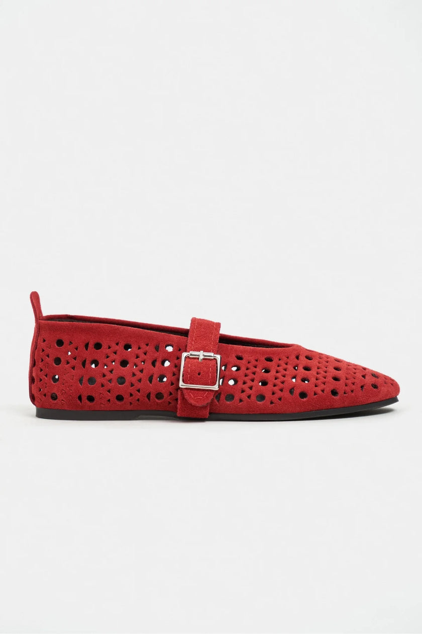 PATTER Red Suede Studded Genuine Leather Buckle Detail Women’s Ballet Flats