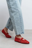 PATTER Red Suede Studded Genuine Leather Buckle Detail Women’s Ballet Flats