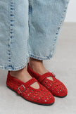 PATTER Red Suede Studded Genuine Leather Buckle Detail Women’s Ballet Flats