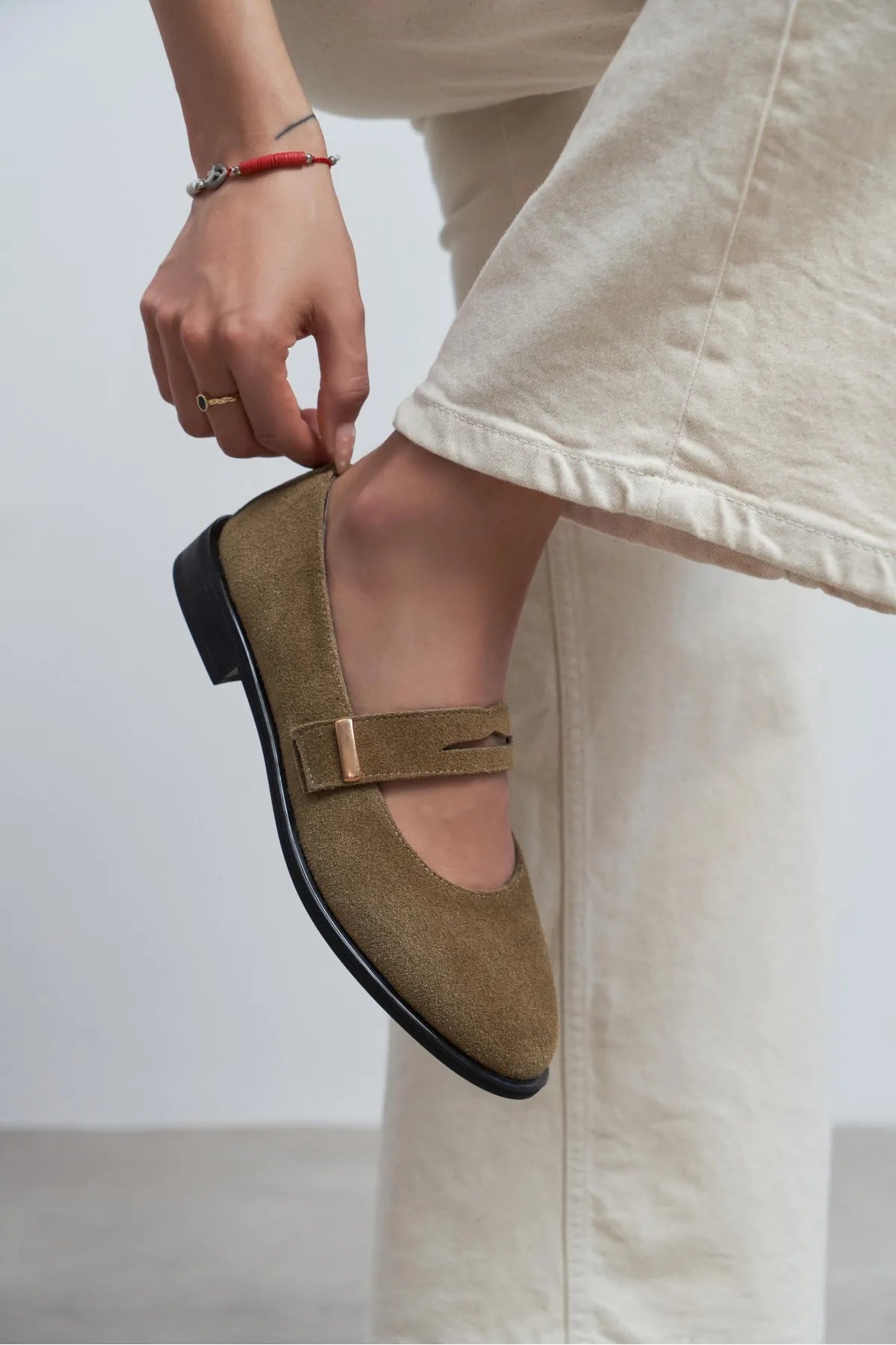 MERLA Rome Beige Suede Genuine Leather Buckle Detail Women’s Ballet Flats