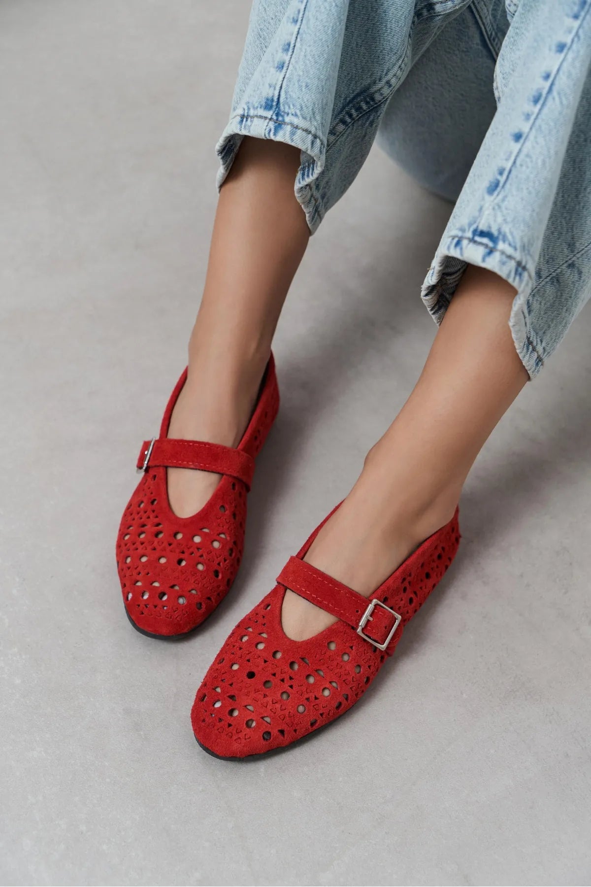 PATTER Red Suede Studded Genuine Leather Buckle Detail Women’s Ballet Flats | Ballet Flats | FOOTWEAR | Lebbse PATTER Red Suede Studded Genuine Leather Buckle Detail Women’s Ballet Flats | Ballet Flats | FOOTWEAR | Lebbse