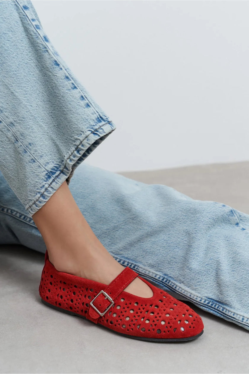PATTER Red Suede Studded Genuine Leather Buckle Detail Women’s Ballet Flats