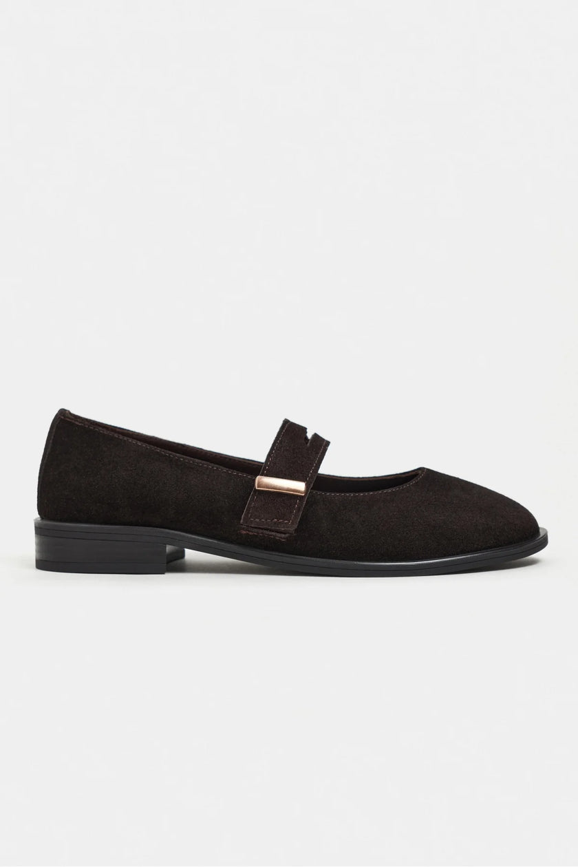 MERLA Bitter Coffee Suede Genuine Leather Buckle Detail Women’s Ballet Flats