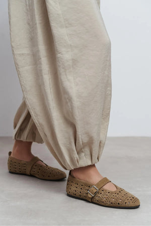 PATTER Rome Beige Suede Studded Genuine Leather Buckle Detail Women’s Ballet Flats