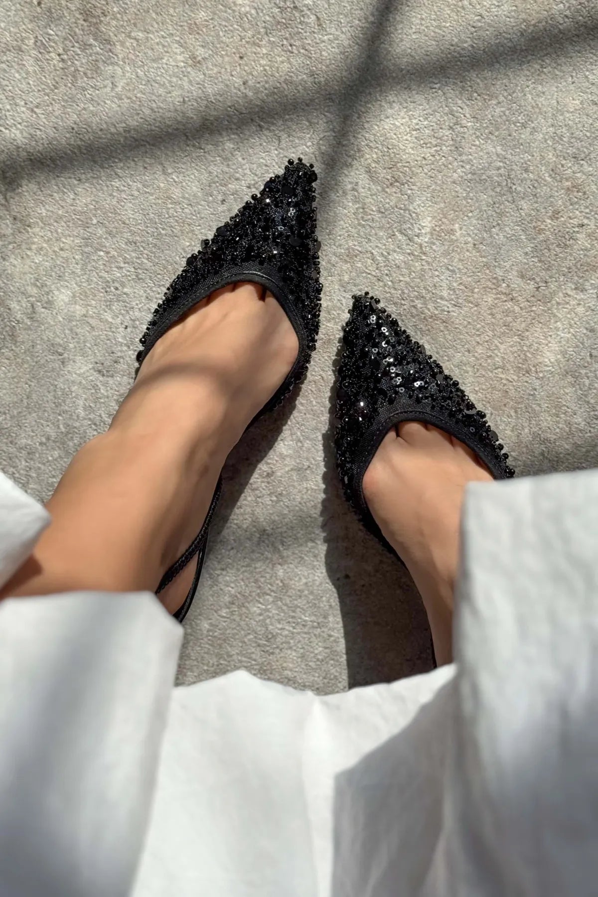 SARA Black Mesh Beaded Detail Pointed Toe Women’s Heel Shoes